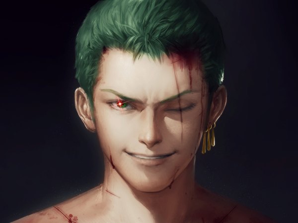 Anime-Bild 1000x750 mit one piece toei animation roronoa zoro shitsu soku k killer4fx single looking at viewer short hair simple background smile green eyes upper body parted lips one eye closed green hair realistic teeth grin piercing coloring
