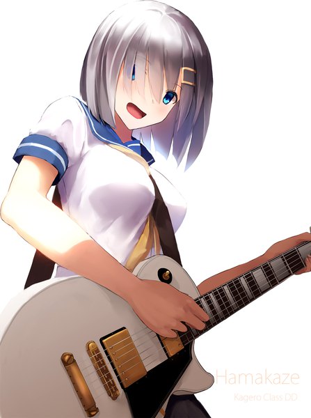 Anime picture 1417x1900 with kantai collection hamakaze destroyer akabane rin single tall image looking at viewer blush fringe short hair breasts open mouth blue eyes simple background white background holding silver hair upper body :d hair over one eye from below