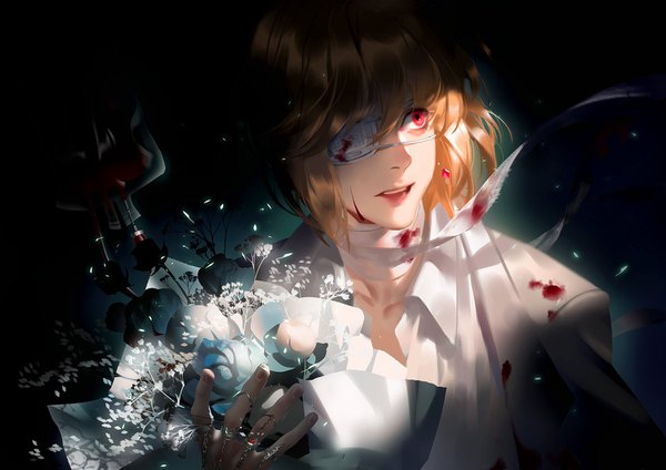 Anime picture 1500x1061 with hunter x hunter kurapica qiuyanga single fringe short hair blonde hair hair between eyes red eyes looking away upper body turning head blood on face bloody clothes boy flower (flowers) earrings shirt white shirt rose (roses)