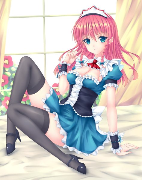 Anime picture 949x1200 with touhou hong meiling fred0092 single long hair tall image looking at viewer blue eyes pink hair braid (braids) twin braids girl thighhighs dress flower (flowers) black thighhighs frills headdress