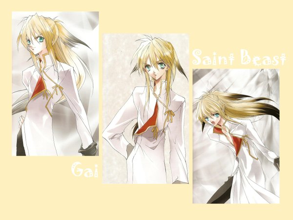Anime picture 1600x1200 with saint beast gai (byakko) long hair open mouth simple background blonde hair green eyes tail hand on hip boy