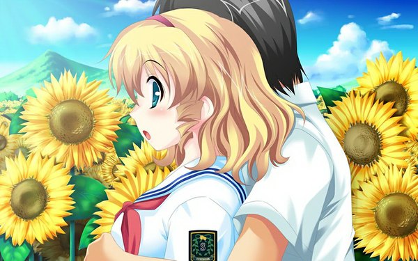 Anime picture 1024x640 with doinaka channel 5 erena hadoson nitta keisuke short hair wide image green eyes game cg girl boy serafuku