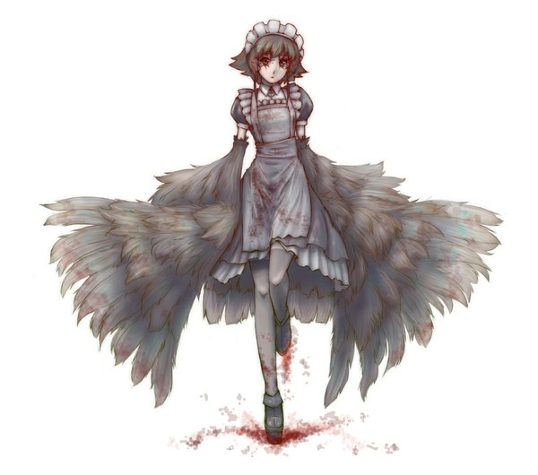 Anime picture 1130x1000 with gustav (telomere na) single short hair simple background white background maid monster girl girl wings headdress maid headdress blood feather (feathers)