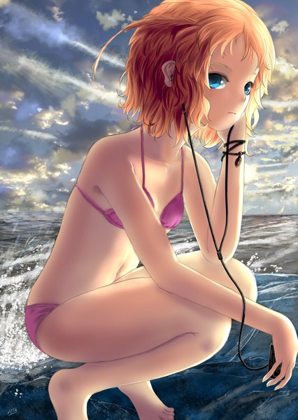 Anime picture 707x996 with original kein single tall image looking at viewer short hair blue eyes light erotic blonde hair bare shoulders holding signed payot sky bent knee (knees) barefoot arm support bare legs bare belly squat