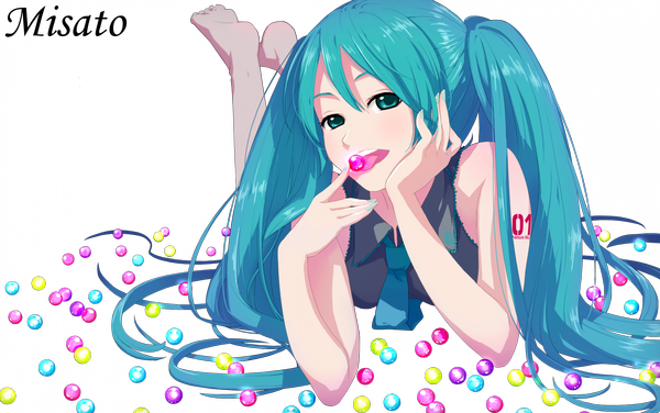 Anime picture 2548x1600 with vocaloid hatsune miku highres twintails green eyes blue hair barefoot transparent background girl candy