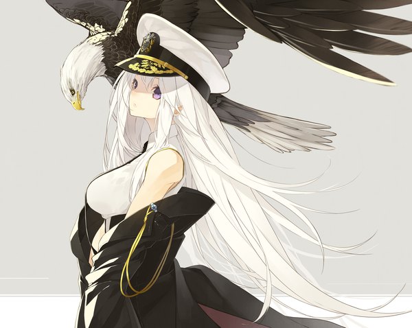Anime picture 1800x1436 with azur lane enterprise (azur lane) senmu single long hair looking at viewer fringe highres breasts simple background hair between eyes standing purple eyes bare shoulders payot white hair parted lips open clothes shaded face animal on shoulder