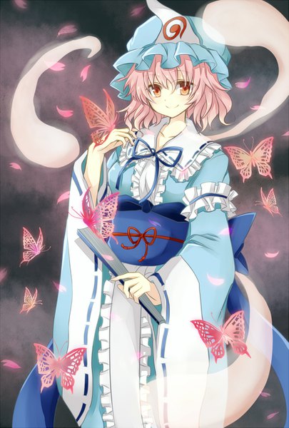 Anime picture 885x1311 with touhou saigyouji yuyuko tm-pika single tall image fringe short hair smile hair between eyes red eyes standing looking away pink hair butterfly on hand girl hat petals frills insect butterfly