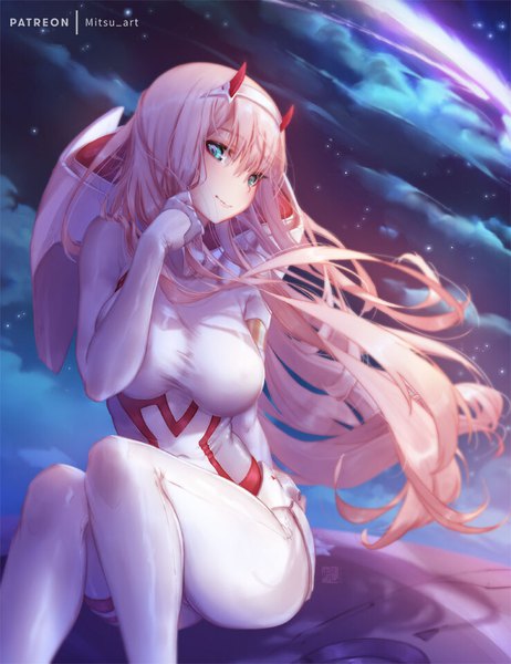 Anime picture 739x960 with darling in the franxx studio trigger zero two (darling in the franxx) mitsu (mitsu art) single long hair tall image looking at viewer fringe breasts open mouth light erotic hair between eyes large breasts sitting pink hair cloud (clouds) bent knee (knees) outdoors arm up