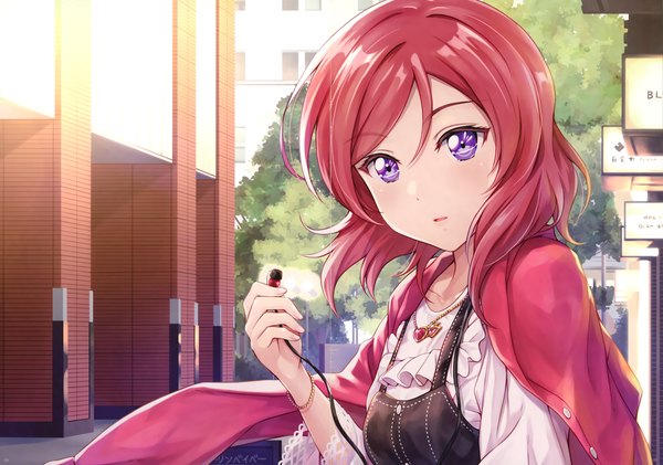 Anime-Bild 5021x3525 mit love live! school idol project sunrise (studio) love live! nishikino maki shamakho single looking at viewer blush fringe highres short hair open mouth hair between eyes purple eyes holding absurdres upper body outdoors red hair scan