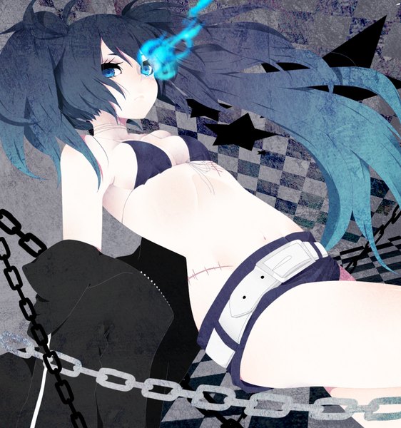 Anime picture 1500x1600 with black rock shooter black rock shooter (character) takesouko single long hair tall image blue eyes twintails bare shoulders blue hair off shoulder glowing scar glowing eye (eyes) checkered girl navel choker shorts belt