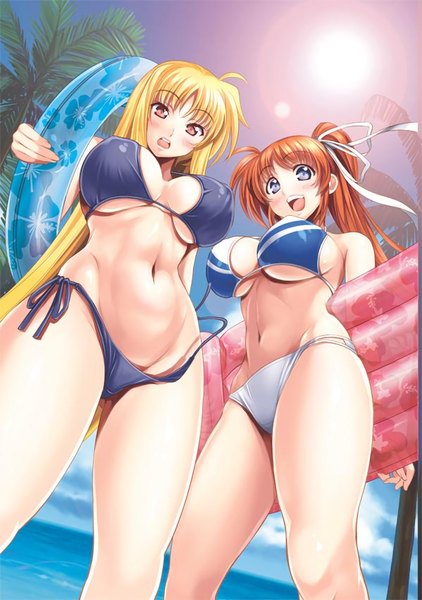 Anime picture 599x850 with mahou shoujo lyrical nanoha fate testarossa takamachi nanoha itachou long hair tall image looking at viewer blush fringe breasts open mouth blue eyes light erotic blonde hair smile large breasts multiple girls holding sky ahoge