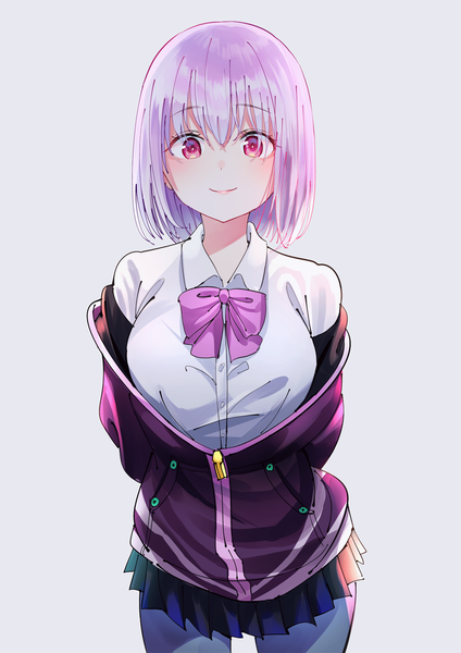 Anime picture 1000x1414 with gridman universe ssss.gridman studio trigger shinjou akane nabi (uz02) single tall image looking at viewer blush fringe short hair simple background smile hair between eyes red eyes standing pink hair pleated skirt off shoulder grey background