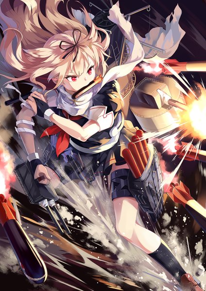 Anime picture 1000x1414 with kantai collection yuudachi destroyer neko (yanshoujie) single long hair tall image blonde hair red eyes holding looking away mouth hold remodel (kantai collection) firing girl skirt gloves weapon miniskirt water socks