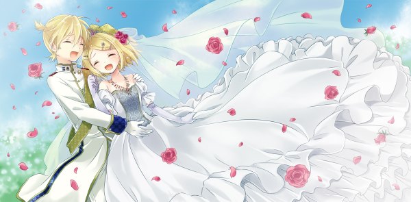 Anime picture 1200x590 with vocaloid kagamine rin kagamine len kona (canaria) blush short hair open mouth blonde hair wide image bare shoulders eyes closed hug tears blue background crying twins girl dress boy gloves
