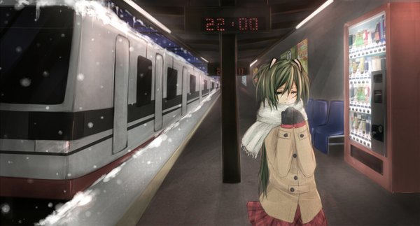 Anime picture 1708x921 with vocaloid hatsune miku single long hair highres wide image aqua eyes aqua hair winter snow girl skirt gloves scarf winter clothes train train station