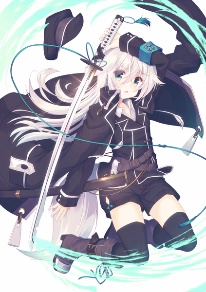 Anime picture 705x1000 with original misaki yuu (dstyle) single long hair tall image looking at viewer fringe open mouth simple background hair between eyes white background holding animal ears full body bent knee (knees) white hair tail animal tail aqua eyes :o