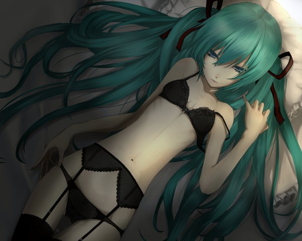 Anime picture 3500x2800 with vocaloid hatsune miku simon (n.s craft) single long hair highres blue eyes light erotic twintails bare shoulders absurdres aqua eyes green hair aqua hair midriff underwear only thigh gap strap slip girl thighhighs