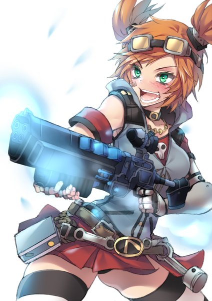 Anime picture 600x848 with borderlands borderlands 2 gaige fuya (tempupupu) single tall image blush short hair open mouth light erotic simple background smile white background twintails green eyes orange hair short twintails goggles on head girl thighhighs