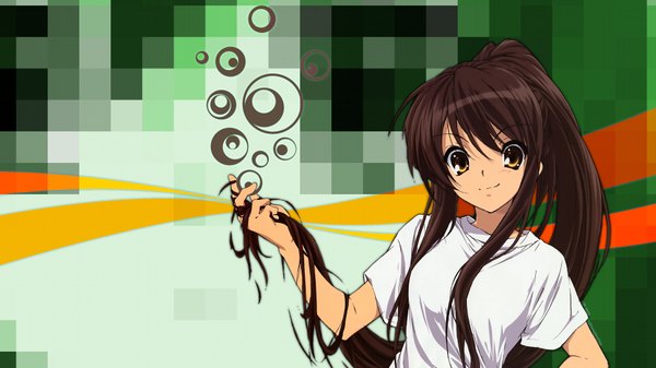 Anime picture 1920x1080 with suzumiya haruhi no yuutsu kyoto animation suzumiya haruhi long hair highres brown hair wide image brown eyes ponytail girl t-shirt