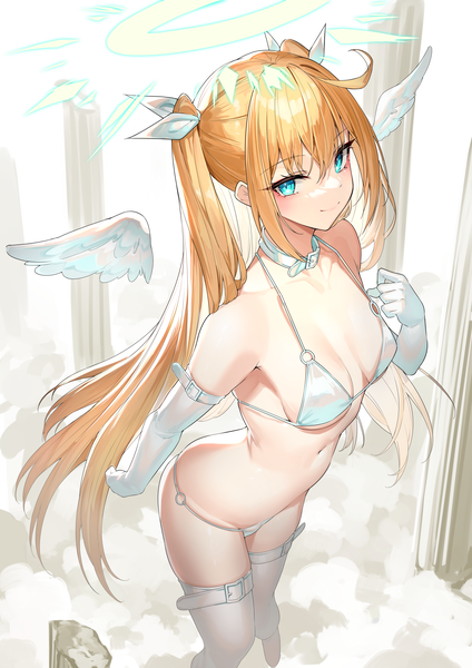 Anime picture 2481x3508 with original yamanokami eaka single long hair tall image looking at viewer fringe highres blue eyes light erotic blonde hair smile standing twintails payot ahoge white wings angel girl thighhighs