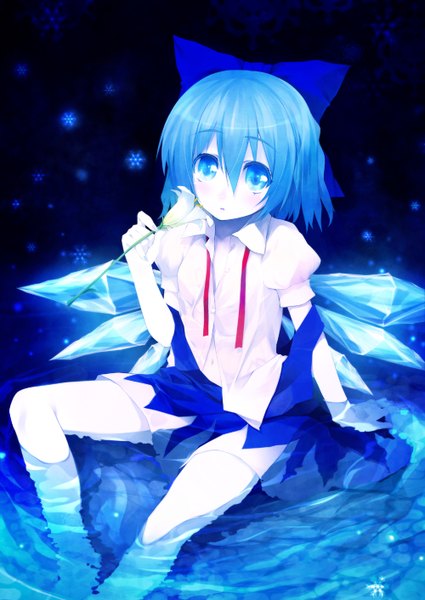 Anime picture 1000x1412 with touhou cirno chinchickrin single tall image blush short hair open mouth blue eyes sitting blue hair looking up ripples girl dress navel flower (flowers) bow hair bow wings