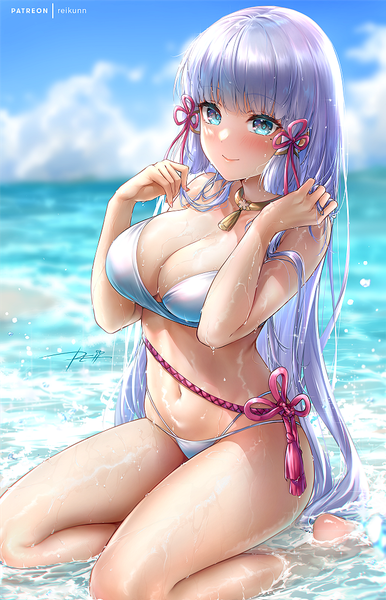Anime picture 643x1000 with genshin impact kamisato ayaka rei kun single long hair tall image looking at viewer blush fringe breasts blue eyes light erotic smile large breasts sitting signed payot sky cleavage silver hair