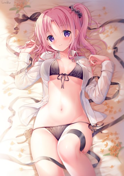 Anime picture 800x1134 with original izumi kaori (twinbox) sousouman single long hair tall image looking at viewer blush fringe breasts light erotic purple eyes signed pink hair indoors lying long sleeves fingernails from above on back