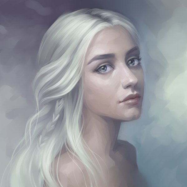 Anime picture 900x900 with a song of ice and fire daenerys targaryen elena berezina single long hair looking at viewer simple background bare shoulders white hair braid (braids) lips realistic shiny skin portrait side braid silver eyes traditional media girl