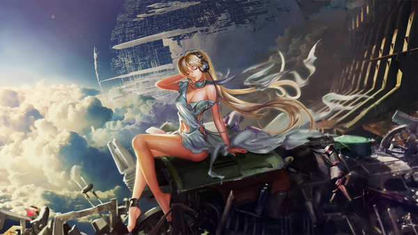 Anime picture 2000x1125 with original ushas single highres blonde hair wide image sky cloud (clouds) eyes closed very long hair barefoot light smile bare legs legs torn clothes hand on headphones girl dress headphones