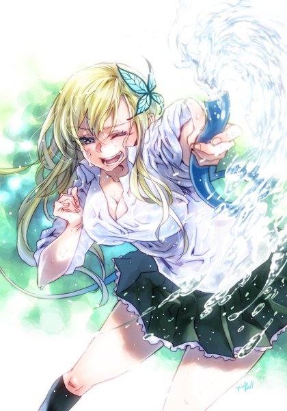 Anime picture 1049x1500 with boku wa tomodachi ga sukunai kashiwazaki sena takanashi ringo single long hair tall image open mouth blue eyes light erotic blonde hair one eye closed wink wet girl hair ornament water butterfly hair ornament