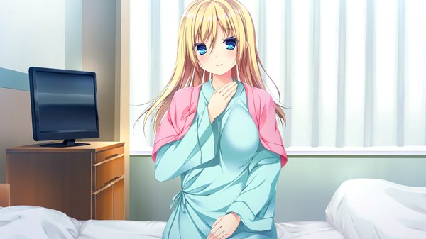 Anime picture 1280x720 with harvest overray giga mikami lilia single long hair looking at viewer blush blue eyes blonde hair smile wide image game cg girl monitor
