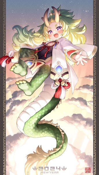 Anime picture 1213x2130 with original kito (sorahate) single long hair tall image looking at viewer blush open mouth smile purple eyes cloud (clouds) full body tail :d barefoot horn (horns) green hair loli fang (fangs) symbol-shaped pupils