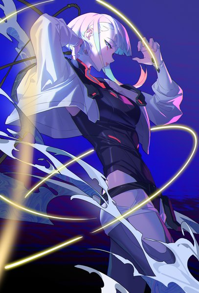 Anime picture 2480x3659 with cyberpunk edgerunners studio trigger lucy (cyberpunk) bigroll single tall image looking at viewer highres short hair blue eyes standing silver hair profile arms up open jacket girl jacket