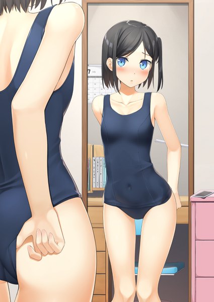 Anime picture 2160x3050 with original apollo (hu maple) single tall image looking at viewer blush fringe highres short hair breasts blue eyes light erotic black hair standing ass from behind one side up covered navel reflection hands behind back