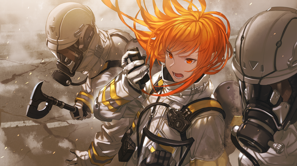 Anime picture 2000x1125 with original makai no juumin long hair fringe highres open mouth wide image standing holding looking away long sleeves wind orange hair orange eyes ambiguous gender firefighter girl gloves weapon helmet