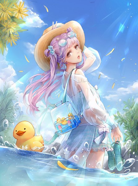 Anime picture 669x900 with miracle nikki a.tong single long hair tall image looking at viewer open mouth twintails brown eyes sky purple hair outdoors looking back sunlight midriff partially submerged sunglasses on head shoes removed girl hat