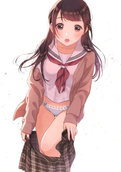 Anime picture 2316x3300 with original morikura en single long hair tall image looking at viewer blush fringe highres open mouth light erotic simple background brown hair white background brown eyes scan undressing girl uniform underwear