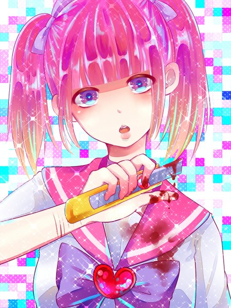 Anime-Bild 1050x1400 mit original pixiv menhera-chan koname single tall image looking at viewer blush fringe short hair open mouth simple background blonde hair standing purple eyes twintails pink hair head tilt multicolored hair sparkle