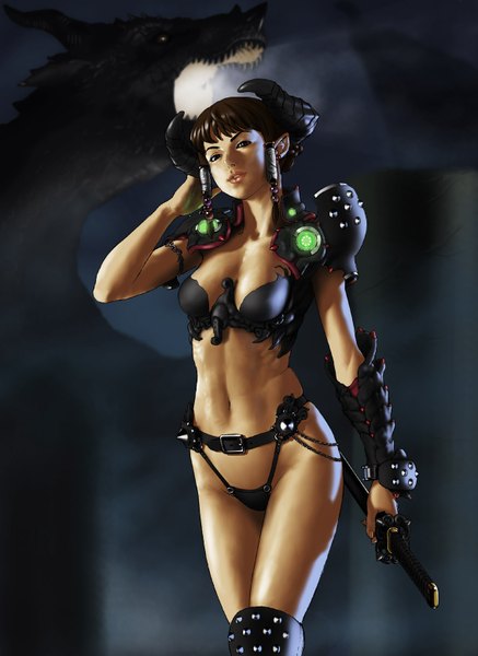 Anime picture 1134x1557 with original f3 (artist) single tall image short hair breasts light erotic brown hair brown eyes cleavage horn (horns) lips legs demon girl fantasy girl navel weapon swimsuit bikini