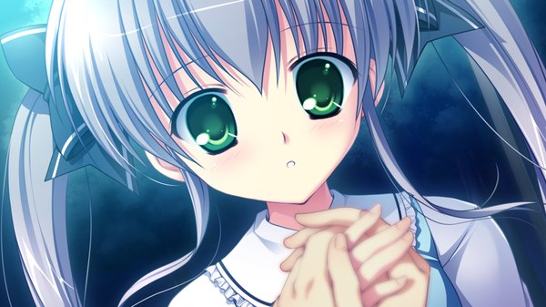 Anime picture 1280x720 with root double kotono yuuri long hair wide image twintails green eyes game cg grey hair girl dress ribbon (ribbons) hair ribbon