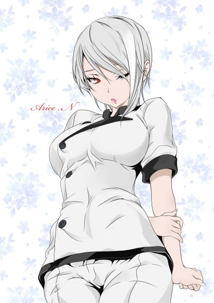 Anime picture 905x1280 with shokugeki no soma j.c. staff nakiri alice mavis (pixiv id=12260676) single tall image fringe short hair breasts open mouth red eyes standing one eye closed grey hair wink character names hands behind back chef girl uniform