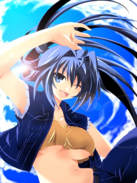 Anime picture 1070x1426 with original ka2 (artist) long hair tall image breasts open mouth blue eyes light erotic blue hair sky cloud (clouds) one eye closed wink sunlight