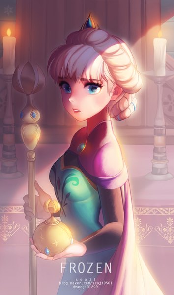 Anime picture 600x1015 with frozen (disney) disney elsa (frozen) seoji single long hair tall image looking at viewer fringe blue eyes blonde hair signed hair bun (hair buns) girl dress cape crown candle (candles) brooch scepter