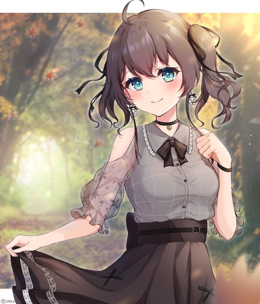 Anime picture 3000x3500 with virtual youtuber hololive natsuiro matsuri natsuiro matsuri (5th costume) zky9n single tall image looking at viewer blush fringe highres short hair smile hair between eyes brown hair standing twintails signed payot ahoge