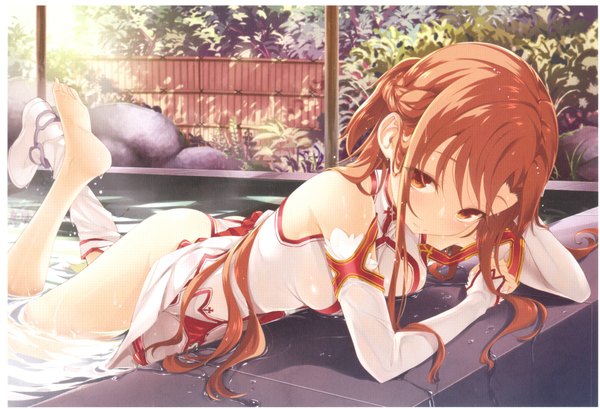 Anime picture 1987x1357 with sword art online a-1 pictures yuuki asuna buriki single long hair looking at viewer highres light erotic brown hair bare shoulders brown eyes ass barefoot scan legs girl detached sleeves water fingerless gloves