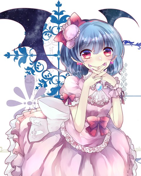 Anime picture 2380x2976 with touhou remilia scarlet ginzuki ringo single tall image looking at viewer blush fringe highres short hair red eyes blue hair nail polish pointy ears bat wings pink nail polish nail art girl dress hair ornament