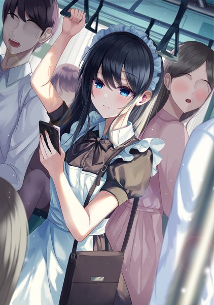 Anime picture 4924x7000 with original gongha long hair tall image blush fringe highres blue eyes black hair hair between eyes standing holding looking away absurdres arm up short sleeves maid dutch angle puffy sleeves solo focus