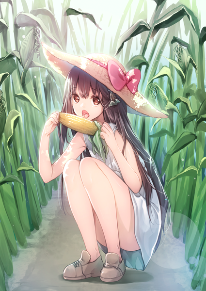 Anime picture 1254x1771 with original cocoa (cafe-hotcocoa) single long hair tall image fringe black hair hair between eyes holding brown eyes looking away sunlight teeth lens flare squat eating girl hair ornament bow plant (plants)