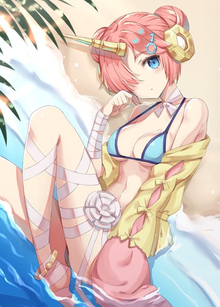 Anime picture 1296x1812 with fate (series) fate/grand order frankenstein's monster (fate) frankenstein's monster (swimsuit saber) (fate) yuzu-aki single tall image looking at viewer blush fringe short hair breasts blue eyes light erotic bare shoulders pink hair cleavage outdoors lying head tilt