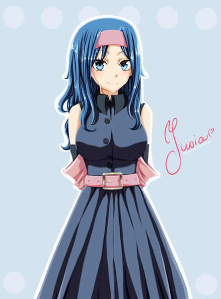 Anime picture 1200x1616 with fairy tail juvia lockser enara123 single long hair tall image blue eyes smile blue hair coloring blue background hands behind back girl dress gloves elbow gloves